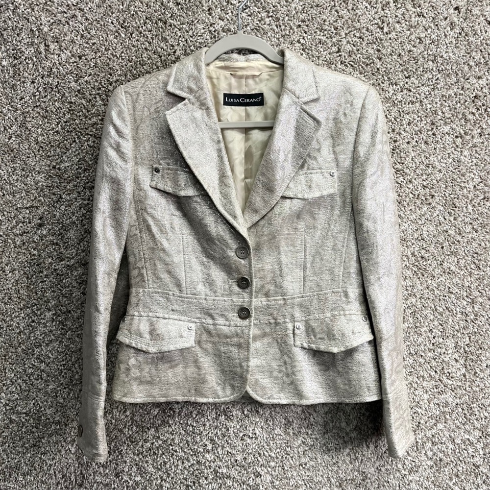 Luisa Cerano Blazer‎ Jacket Women's 6 Metallic Linen Blend Floral Jacquard